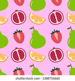 Seamless pattern with pear, strawberry, orange and pomegranate isolated on pink background.  Use for printing on textiles, t-shirt, cards, wrapping paper, poster, fabric print. Vector illustration.