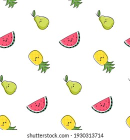 Seamless pattern with pear, watermelon and pineapple. Seamless design with citrus drawing on white background