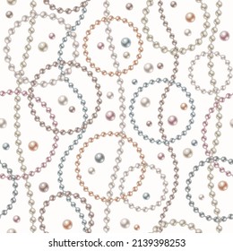 Seamless pattern with pearl beads, strings of pearls on white background. Circles, wavy lines, classic pastel color of pearls. Vector illustration