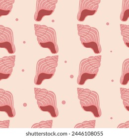 Seamless pattern of pearl colored shells. Trendy cartoon seashell pattern for wrapping paper, wallpaper, stickers, laptop cases, children's books.	