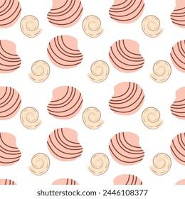 Seamless pattern of pearl colored shells. Trendy cartoon seashell pattern for wrapping paper, wallpaper, stickers, laptop cases, children's books.	