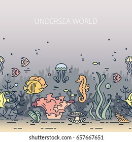 Seamless pattern with pearl, sea horse, corals, seaweed, jellyfish, and fishes. Flat icons with sea creatures and symbols. Set of color vector illustrations.