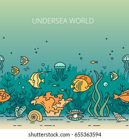 Seamless pattern with pearl, shell, corals, seaweed, jellyfish, and fishes. Flat icons with sea creatures and symbols. Set of color vector illustrations.