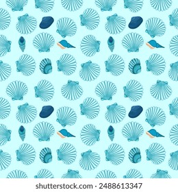 Seamless pattern with pearl shells on a blue background. Modern sea background