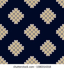 Seamless pattern with pearls and jewelry. 3d Vector illustration.  White pearls on a dark blue background. Textile pattern, print pattern. Fashion print. Pearl brooches. Pearls background.