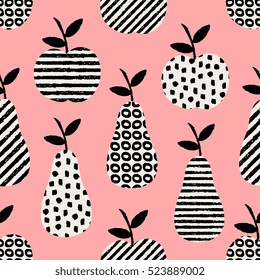 Seamless pattern with pears and apples in black and white on pink background.