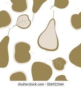 Seamless pattern of pears, apples, leaves, spots. Hand drawn.