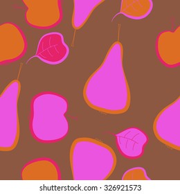 Seamless pattern of pears, apples, leaves, spots. Hand drawn.