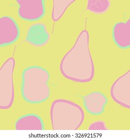 Seamless pattern of pears, apples, leaves, spots. Hand drawn.