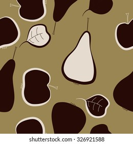 Seamless pattern of pears, apples, leaves, spots. Hand drawn.