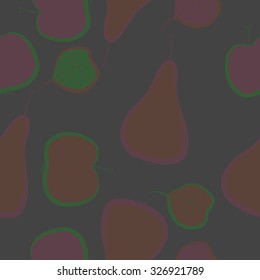 Seamless pattern of pears, apples, leaves, spots. Hand drawn.