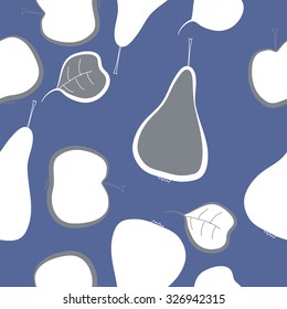 Seamless pattern of pears, apples, leaves, spots. Hand drawn.