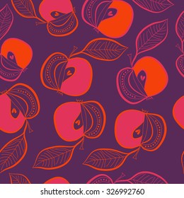 Seamless pattern of pears, apples, leaves, spots. Hand drawn.