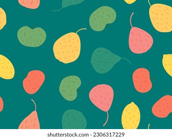 Seamless pattern with pears, apples and lemons on a green background. Summer fruit pattern. Design for printing on fabric, paper and banners. Vector illustration