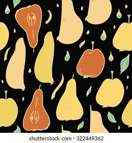 Seamless pattern with pears and apples. Perfect for wallpapers, pattern fills, web page backgrounds, surface textures, textile. Black background