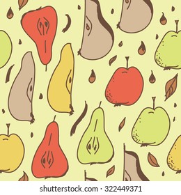 Seamless pattern with pears and apples. Perfect for wallpapers, pattern fills, web page backgrounds, surface textures, textile. Yellow background