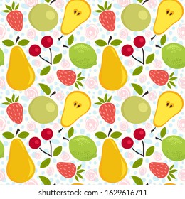 Seamless pattern with pears, apples, strawberries and lime. Vector illustration of juicy fruits.