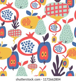 Seamless pattern with pears, apples, turnip and pomegranate. Isolated. Vector background with fruits and vegetables. 