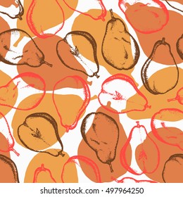 Seamless pattern with pears. Background for food. Harvesting. Texture for wallpaper, wrapping paper, tissue. Hand drawn. Vector illustration.