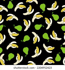 Nahtloses Muster mit Birnen und Bananen auf schwarzem Hintergrund. Fruchtmuster.