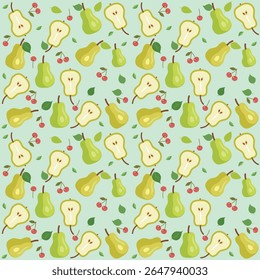 Seamless pattern with pears cherries and green leaves on light green background. Includes whole and sliced fruits in flat style. Great for fabric wrapping kitchen decor and healthy food designs.
