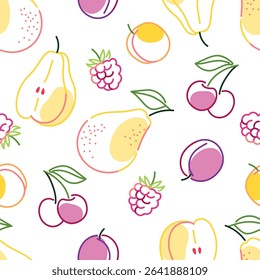 Seamless pattern with pears, cherries, raspberries, plums and apricots in hand-drawn style on white background. Summer fruit illustration
