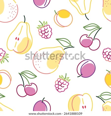 Seamless pattern with pears, cherries, raspberries, plums and apricots in hand-drawn style on white background. Summer fruit illustration