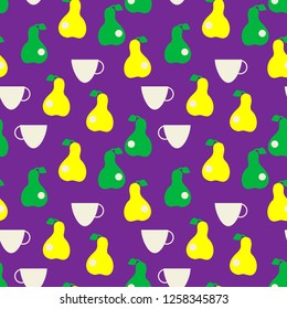 Seamless pattern with pears and cups on a purple background. All elements are located on separate layers.