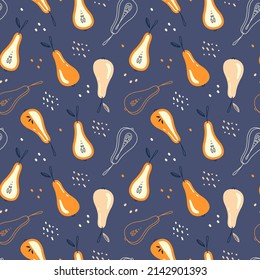 Seamless pattern with pears in doodle style. Vector fruit background. Print for textiles, wrapping paper, wallpaper.
