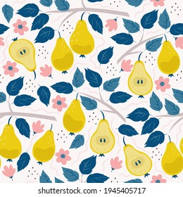 Patrón sin foco con peras, flores y ramas. Gráficos vectoriales.