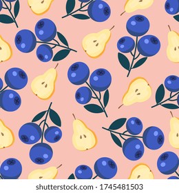 Seamless pattern with pears fruits  and blueberries on a cream rose pastel background  