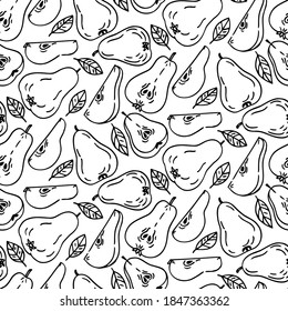 Seamless pattern with pears fruits and leaves. Graphic hand drawn engraving style. Doodle illustration for packaging, menu cards, posters, prints.