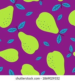 Seamless pattern with pears. Fruits modern texture on violet background. Abstract vector graphic illustration