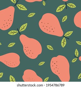 Patrón sin foco con peras. Frutas de textura moderna sobre fondo verde. Ilustración gráfica vector abstracta.