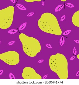Nahtloses Muster mit Birnen. Früchte moderne Textur auf violettem Hintergrund. Abstrakte Vektorgrafik