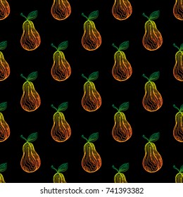 Seamless pattern with pears fruits on a black background. Vector illustration and swatch for wrapping or fabric