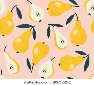 Seamless pattern of pears and half of pears.