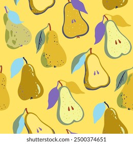 Seamless pattern with pears and half of pears in abstract minimalistic style. Vector illustration.