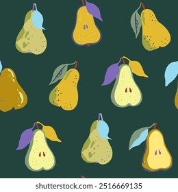 Seamless pattern with pears and half of pears in abstract minimalistic style. Vector illustration.