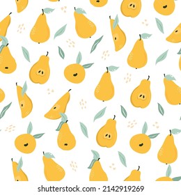 Patrón sin foco con peras y mitad de frutos. Ilustración colorida dibujada a mano, diseño.