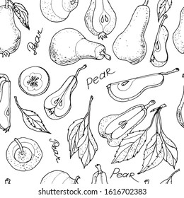 Seamless pattern of Pears hand drawn set. Fruit , Sketch. Whole and chopped pears with leaves, isolated on white  background vector illustration 