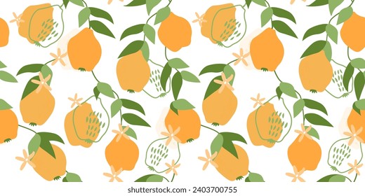 A seamless pattern with pears hanging from the branches with leaves. Summer abstract fruit print. Vector graphics.