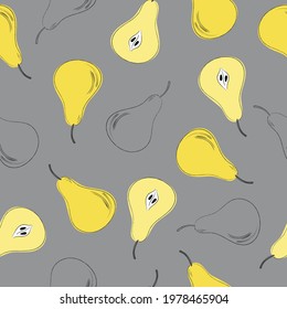 Seamless pattern of pears in illuminating yellow color of the year 2021 on ultimate gray background. Hand drawn with pencil contours