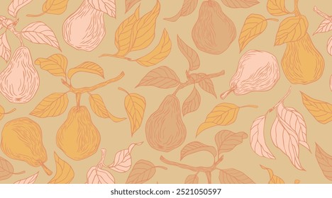 Seamless pattern with pears and leaves. Hand drawn vector fruit illustration in engraved style