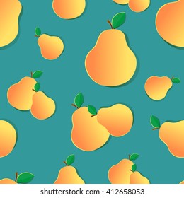 Seamless pattern with Pears and Leaves on a green background.Vector illustration of fruit. Suitable for fabric, textile, wrapping paper, packaging.