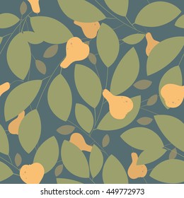 Seamless pattern with pears and leaves on dark background