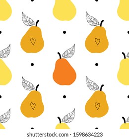Seamless pattern with pears and leaves. Ripe and juicy pear. Wallpaper, print, wrapping paper, modern textile design. Vector illustration.