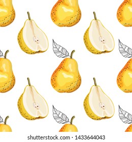 Seamless pattern with pears and leaves. Stylized pear. Ripe and yellow pears on a white background. Vector illustration.