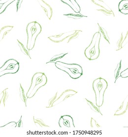 Seamless pattern with pears and leaves. Vector illustration. Dotted texture. Hand drawing. Scribble. In sketch style. Graphic elements for the design of packaging, fabric, decorative paper.