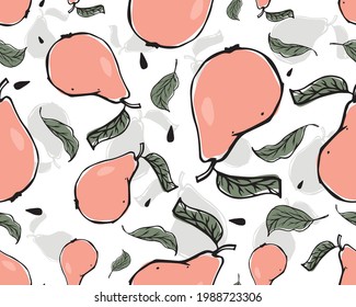 seamless pattern with pears, leaves, whole fruit and halves, stylized, decorative background, vector graphics